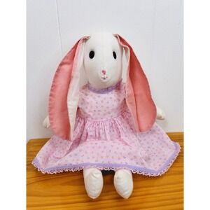 Handmade Muslin Long Earred Rag Bunny Rabbit Girl 18" 2 Dresses Pink & Navy Blue